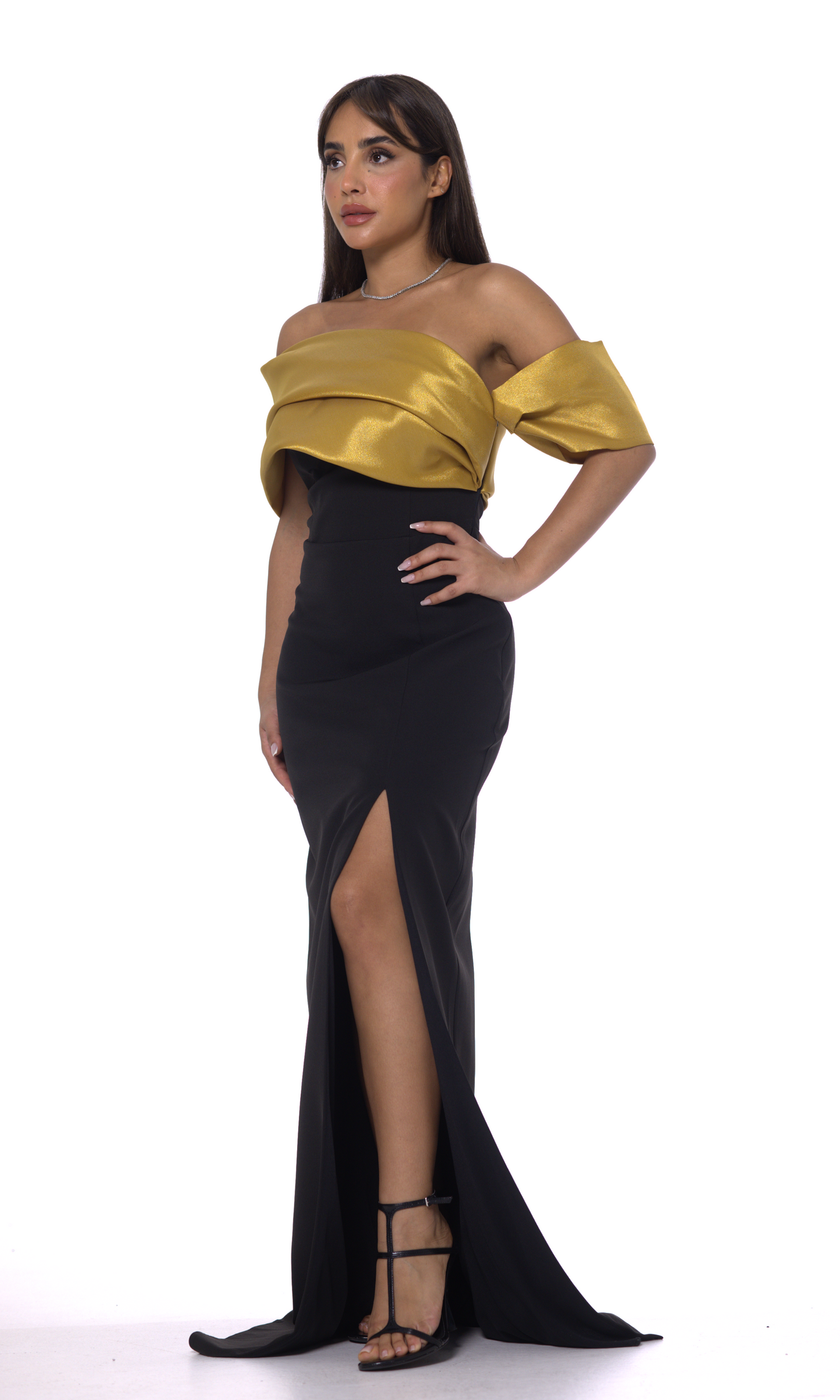 ASYMMETRIC MAXI DRESS WITH CONTRAST NECKLINE AND FRONT SLIT - Heli's Couture | Party Dresses and Evening Wear for women