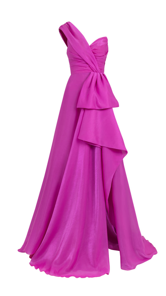 ONE-SHOULDER DRAPE DRESS WITH RUFFLED TRIM