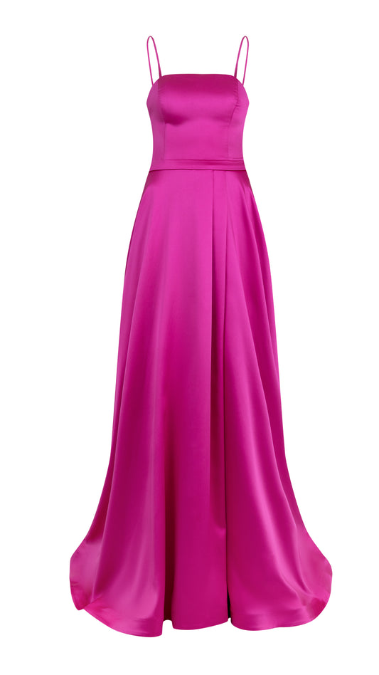 SATIN FINISH FLARED MAXI DRESS WITH SPAGHETTI STRAPS